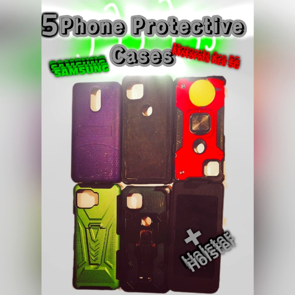5 Motorola Ace 5G & Samsung Phone 📱 Cases + Clip On Holster Blk & Screen Guards